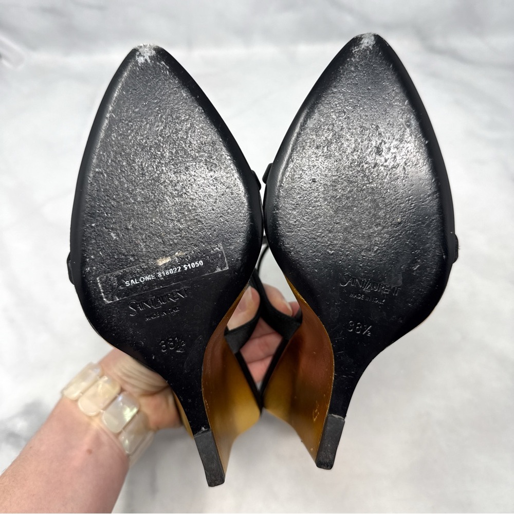 Saint Laurent Salome 110 Silk Satin Metallic Leather Wedge Sandal Heels Black - Picture 11 of 16